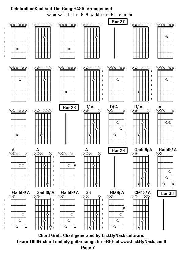 Chord Grids Chart of chord melody fingerstyle guitar song-Celebration-Kool And The Gang-BASIC Arrangement,generated by LickByNeck software.